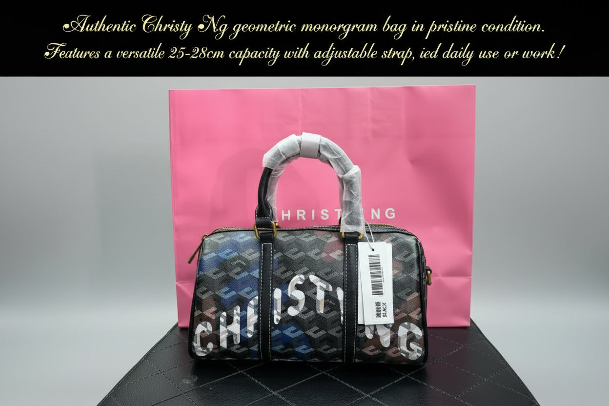Christy Ng | CNG Geometric Monogram 25cm-28cm Barrel Bag / Doctor-Style Handbag for women with Strap Complete Inclusions
