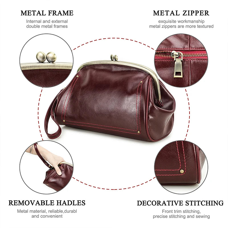 Genuine Leather Women Clutch Wallet Kiss Lock Design