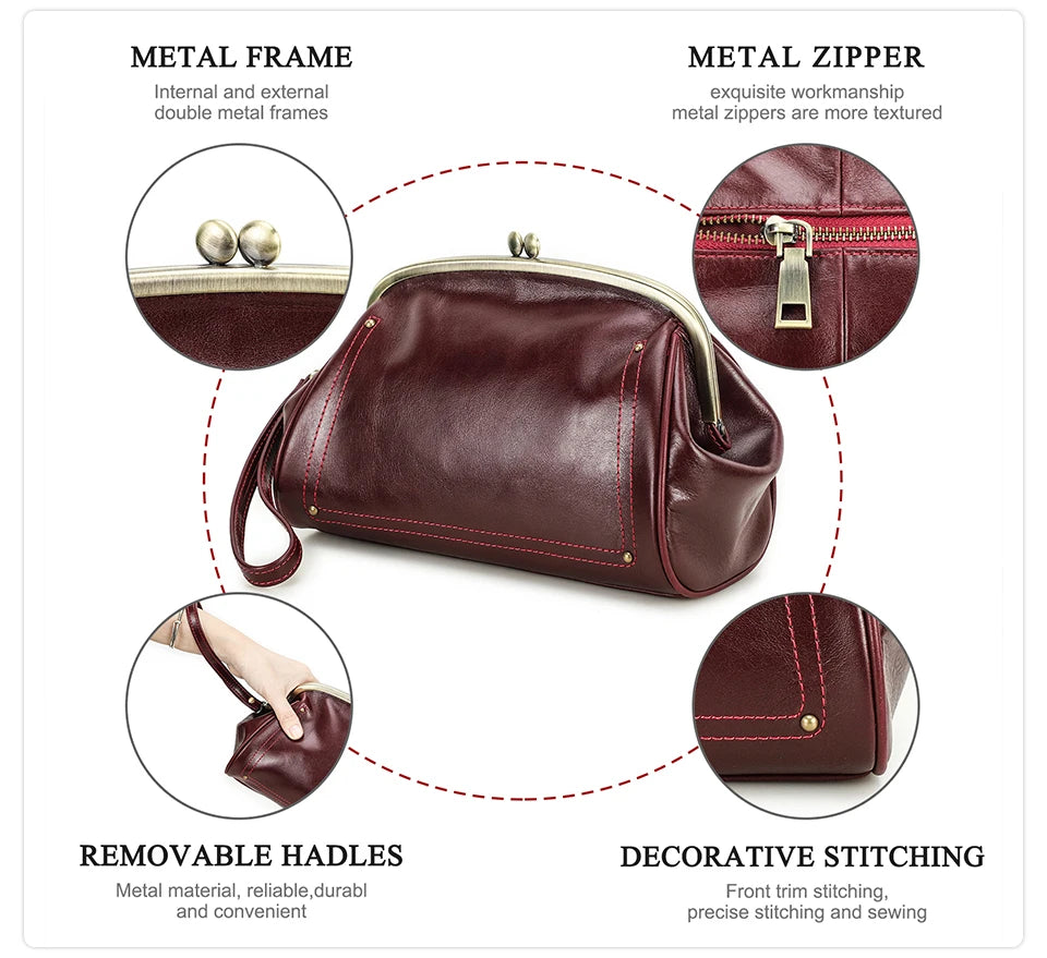 Genuine Leather Women Clutch Wallet Kiss Lock Design