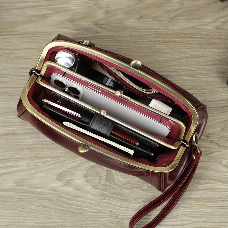 Genuine Leather Women Clutch Wallet Kiss Lock Design