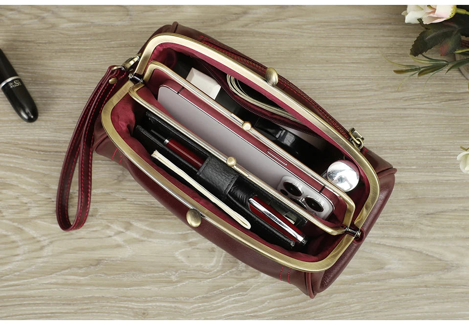 Genuine Leather Women Clutch Wallet Kiss Lock Design