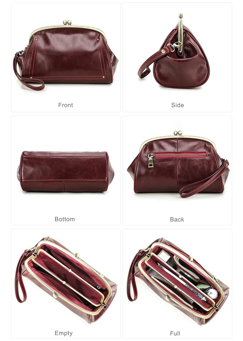 Genuine Leather Women Clutch Wallet Kiss Lock Design