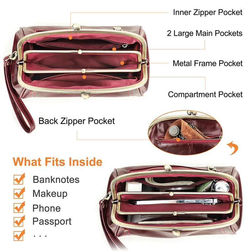 Genuine Leather Women Clutch Wallet Kiss Lock Design