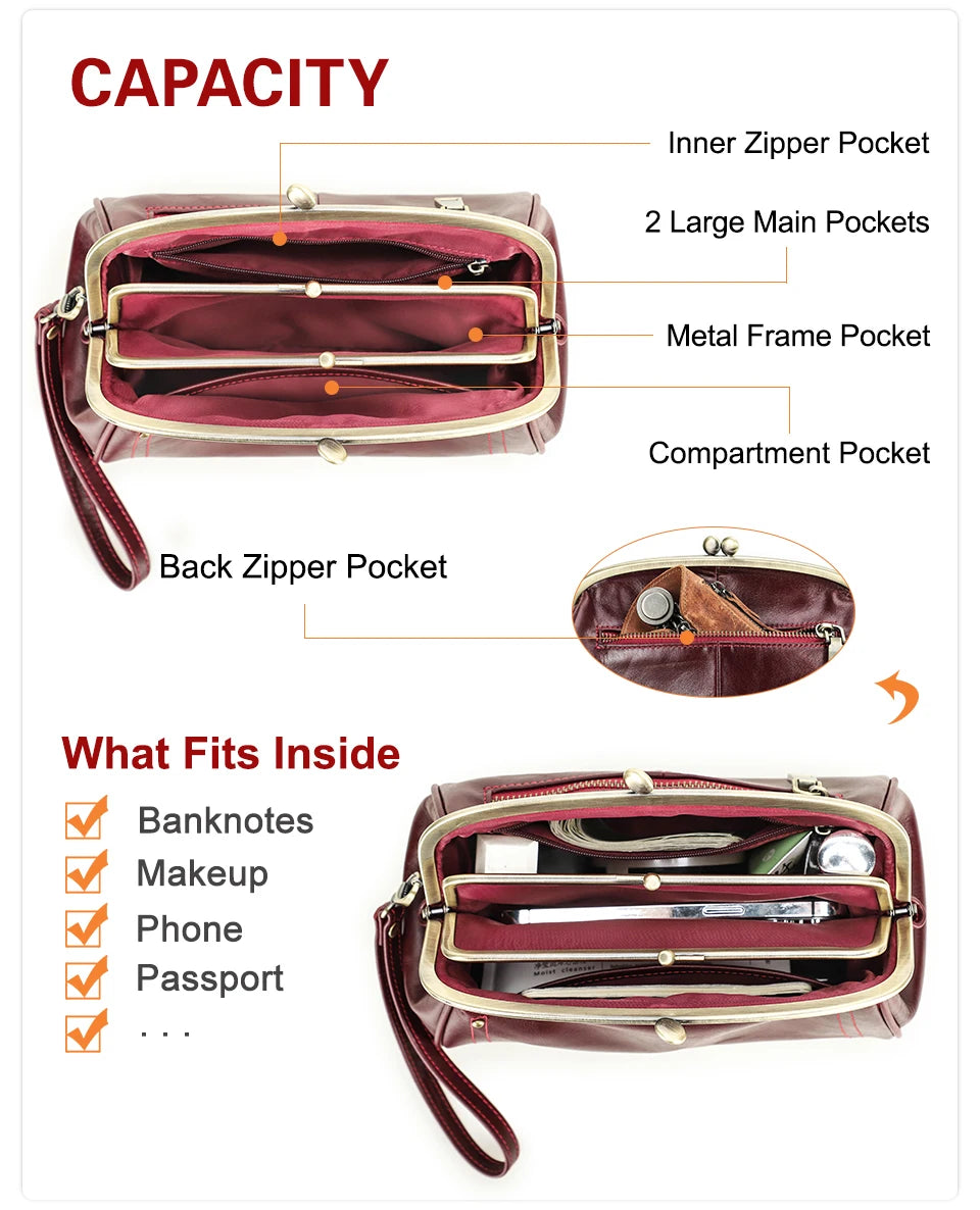 Genuine Leather Women Clutch Wallet Kiss Lock Design