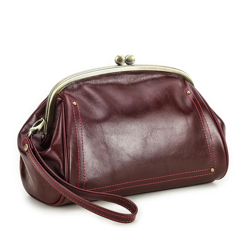 Genuine Leather Women Clutch Wallet Kiss Lock Design