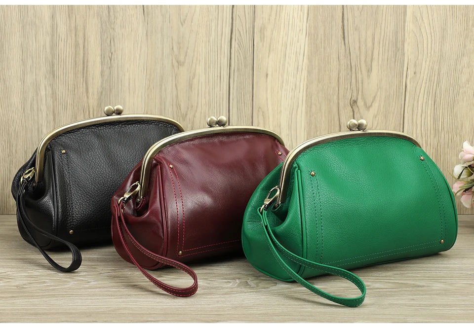 Genuine Leather Women Clutch Wallet Kiss Lock Design