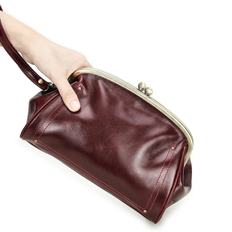 Genuine Leather Women Clutch Wallet Kiss Lock Design