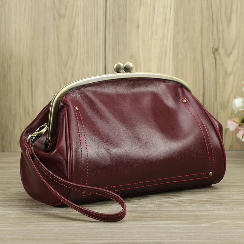Genuine Leather Women Clutch Wallet Kiss Lock Design