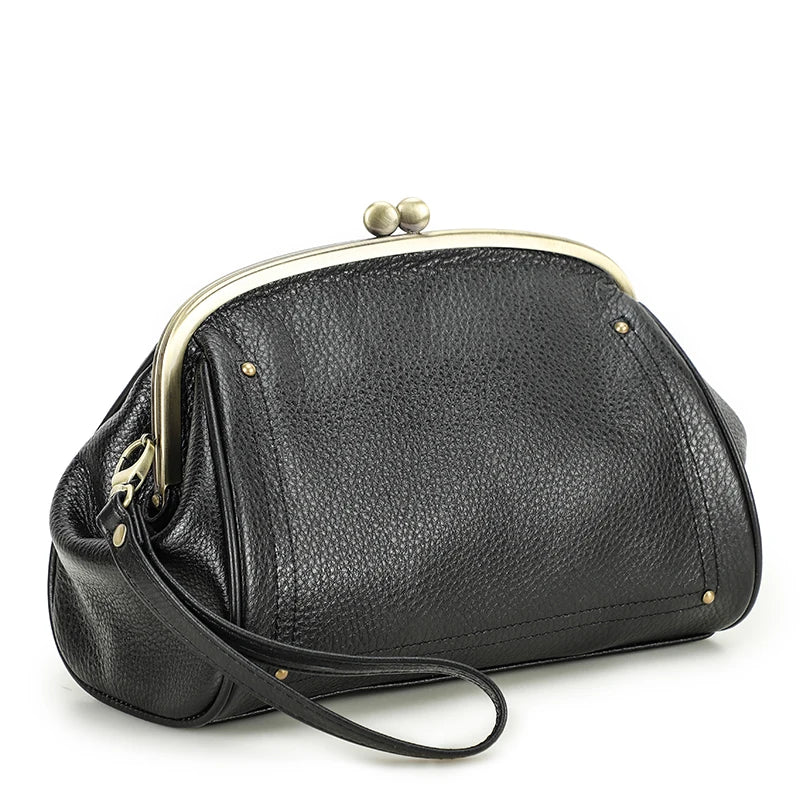 Genuine Leather Women Clutch Wallet Kiss Lock Design