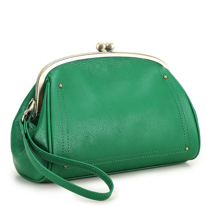Genuine Leather Women Clutch Wallet Kiss Lock Design