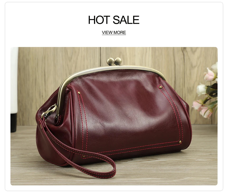 Genuine Leather Women Clutch Wallet Kiss Lock Design