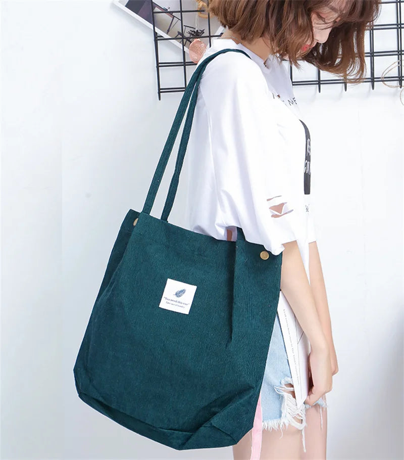 Women Corduroy Shoulder Shopping Bags Reusable Casual Outdoor Party Tote 2024 New Female Bag Handbags with Button Eco Organizer