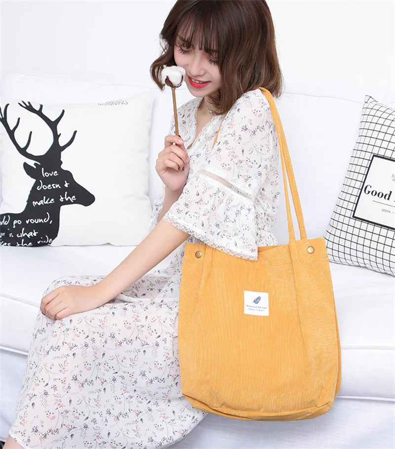 Women Corduroy Shoulder Shopping Bags Reusable Casual Outdoor Party Tote 2024 New Female Bag Handbags with Button Eco Organizer