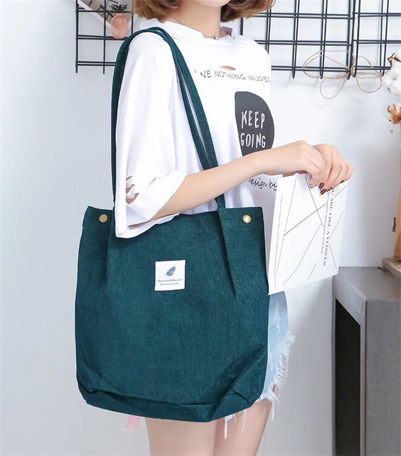 Women Corduroy Shoulder Shopping Bags Reusable Casual Outdoor Party Tote 2024 New Female Bag Handbags with Button Eco Organizer