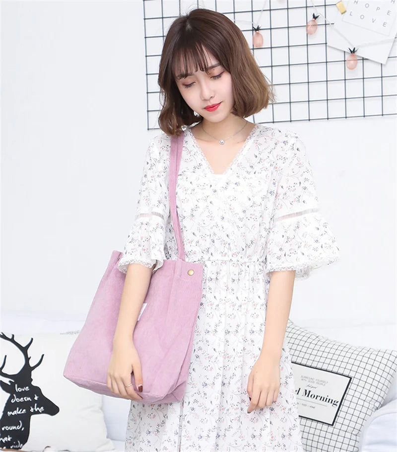 Women Corduroy Shoulder Shopping Bags Reusable Casual Outdoor Party Tote 2024 New Female Bag Handbags with Button Eco Organizer