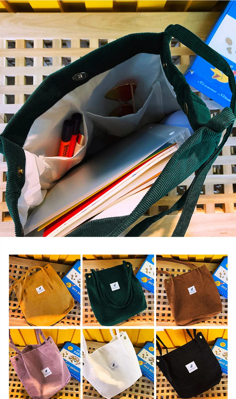 Women Corduroy Shoulder Shopping Bags Reusable Casual Outdoor Party Tote 2024 New Female Bag Handbags with Button Eco Organizer