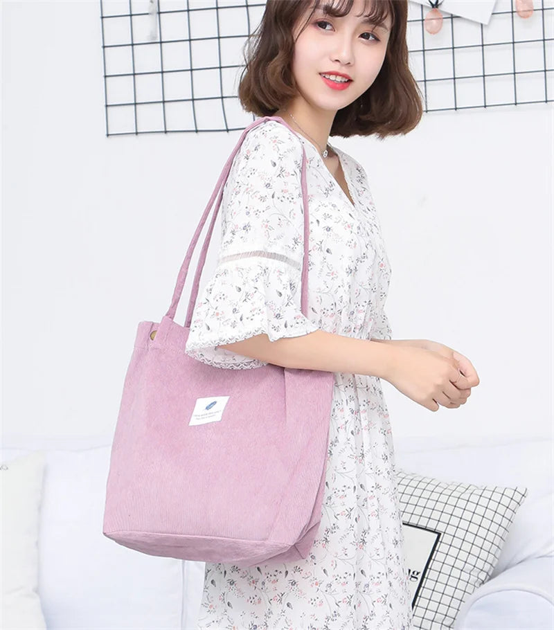 Women Corduroy Shoulder Shopping Bags Reusable Casual Outdoor Party Tote 2024 New Female Bag Handbags with Button Eco Organizer