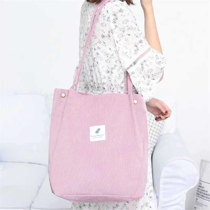 Women Corduroy Shoulder Shopping Bags Reusable Casual Outdoor Party Tote 2024 New Female Bag Handbags with Button Eco Organizer