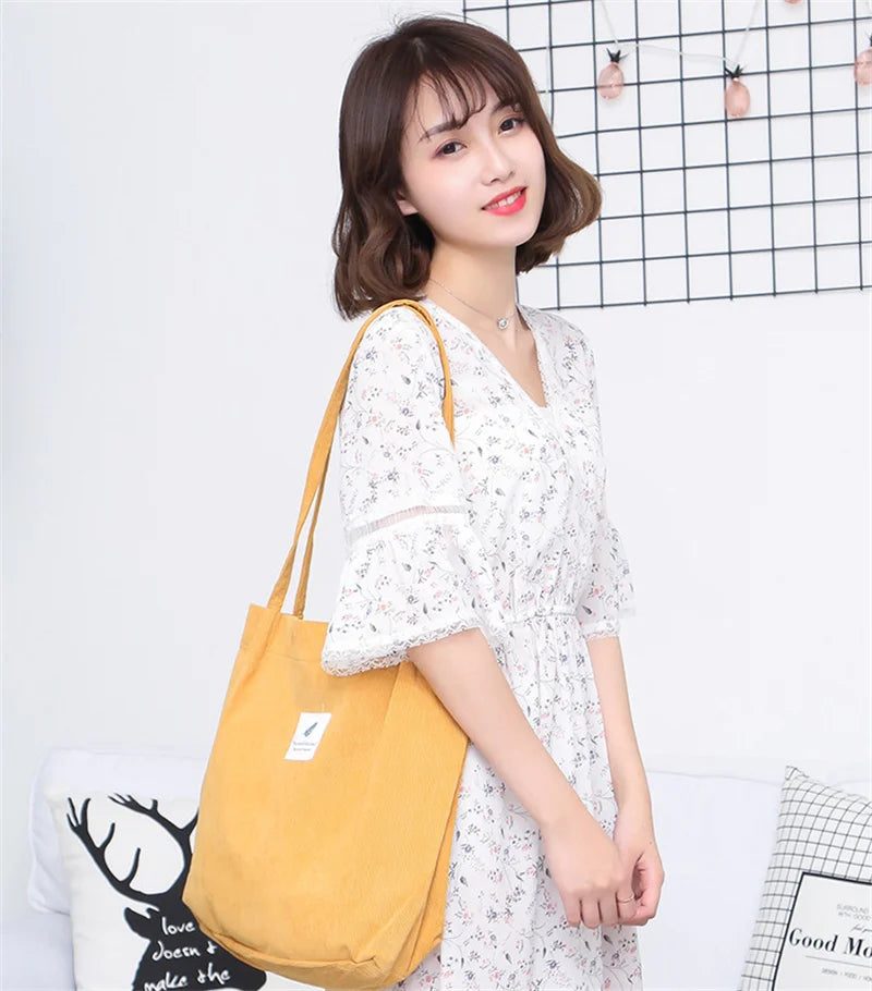 Women Corduroy Shoulder Shopping Bags Reusable Casual Outdoor Party Tote 2024 New Female Bag Handbags with Button Eco Organizer