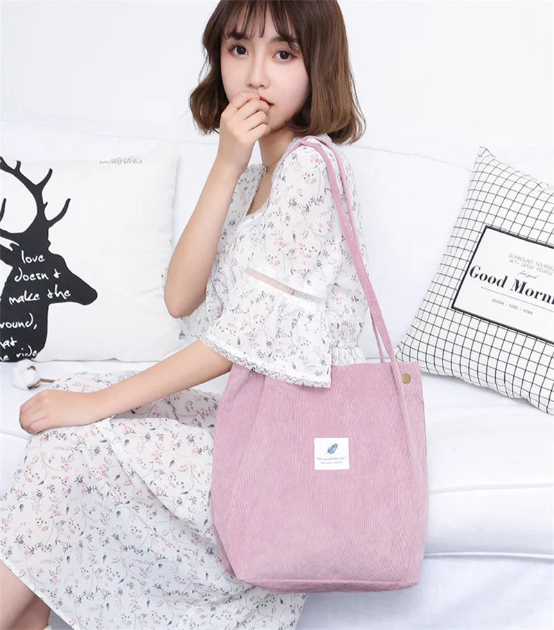 Women Corduroy Shoulder Shopping Bags Reusable Casual Outdoor Party Tote 2024 New Female Bag Handbags with Button Eco Organizer