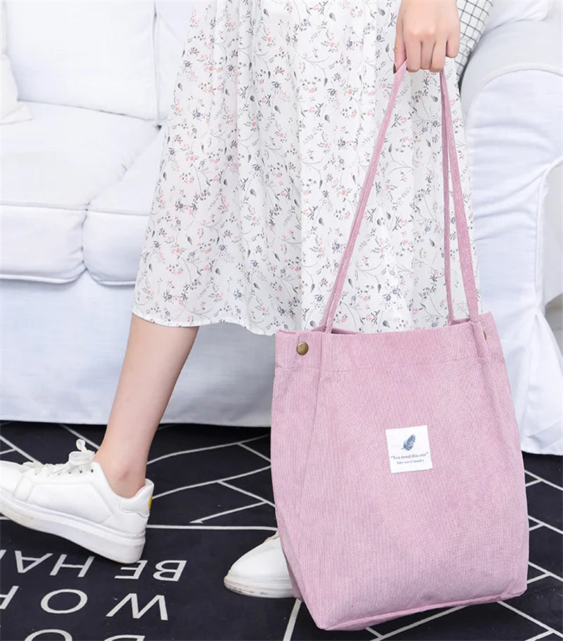 Women Corduroy Shoulder Shopping Bags Reusable Casual Outdoor Party Tote 2024 New Female Bag Handbags with Button Eco Organizer