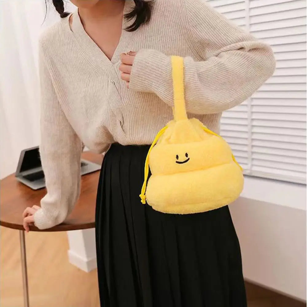 Drawstring Cartoon Poop Shape Handbag Large Capacity Fluffy Funny Plush Shoulder Bag Portable Multi-purpose