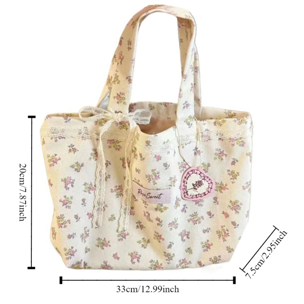 New Fashion Canvas Printed Tote Bag Sweet Storage Handbags Large Capacity Print Shoulder Bags With Sweet Lace Bow For Women