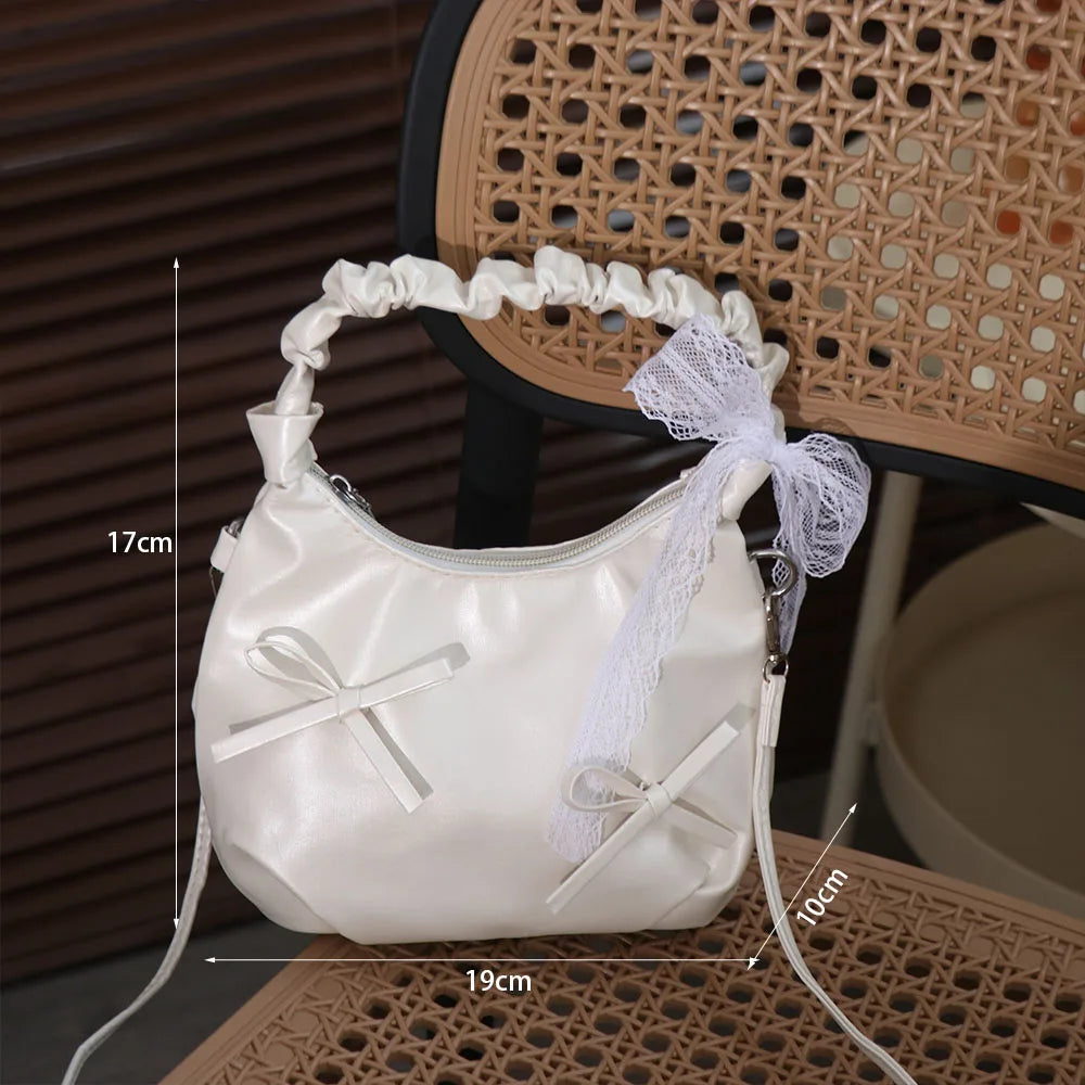 Fashion Cloud Evening Handbag Pleated Beige Bow PU Shoulder Bag Lace Ribbon Large Capacity Underarm Bag Travel