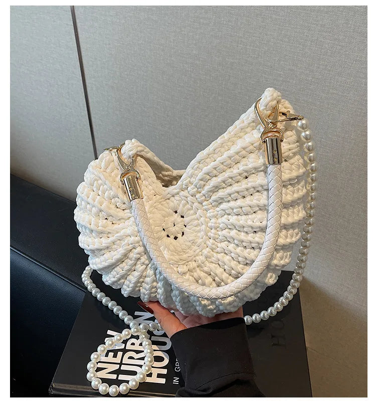 Creative Conch Shaped Crochet Women Shoulde Bags Funny Cute Pearls Chains Handmade Weave Crossbody Bag Novelty Small Handbags