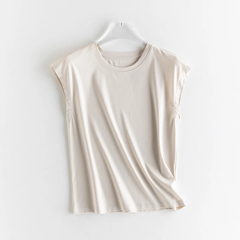 Silk Mercerized Cotton Sleeveless T-shirt Women Tank Top Silky Feeling Summer Cooling Wear O-neck Tee Vest Tops High-end