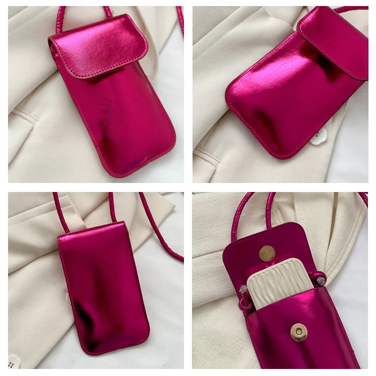 New Fashion Gold Silver Glossy Mini Bag Casual Versatile Shoulder Crossbody Bag for Women Outdoor Portable Mobile Phone Bag