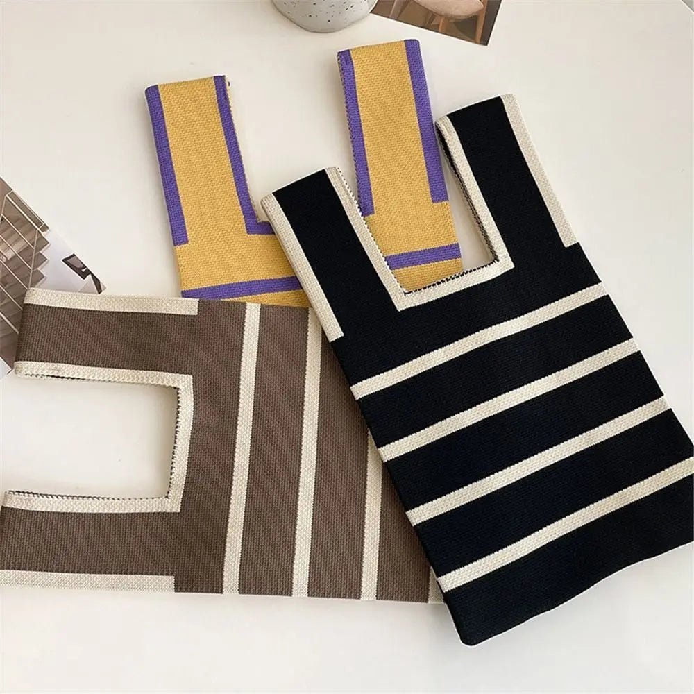 Student Wide Stripe Reusable Knot Wrist Bag Knit Handbag Plaid Tote Bag Shopping Bags