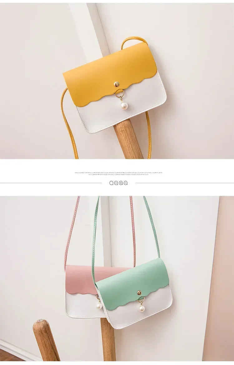 Women's PU Leather Shoulder Bag, Solid Color Messenger Purse with Pearl Pendant, Small Travel Handbag