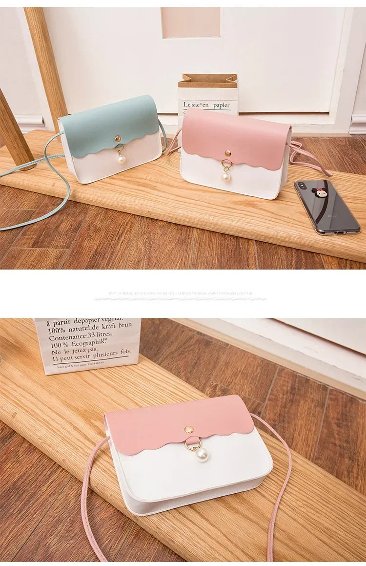 Women's PU Leather Shoulder Bag, Solid Color Messenger Purse with Pearl Pendant, Small Travel Handbag