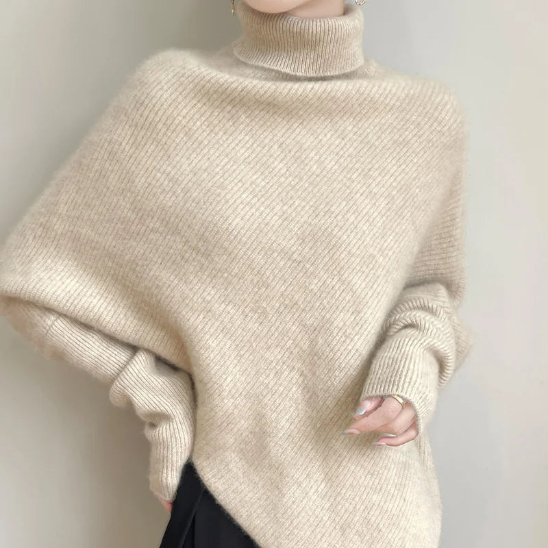 100% Merino Wool Autumn Winter Batwing Sleeves High Neck Pullover Long Sleeve Knitwear Trendy