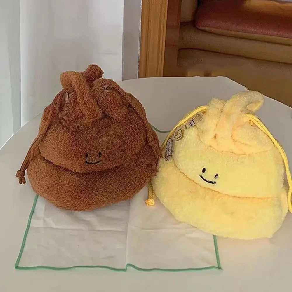 Drawstring Cartoon Poop Shape Handbag Large Capacity Fluffy Funny Plush Shoulder Bag Portable Multi-purpose