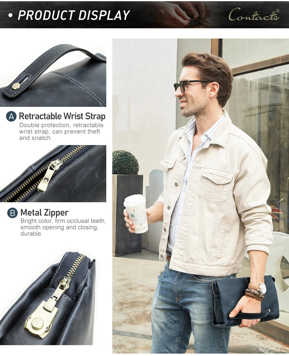 Crazy Horse Genuine Leather Password Lock Casual Clutch Bag Male Wallet Men's Purse Protective Large Capacity Blue Handbag