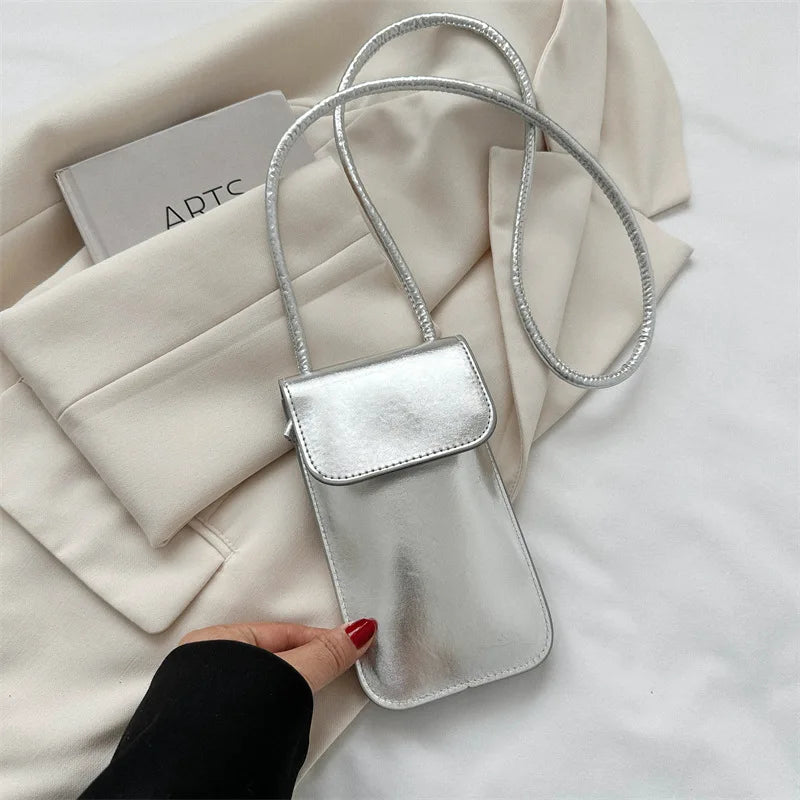 New Fashion Gold Silver Glossy Mini Bag Casual Versatile Shoulder Crossbody Bag for Women Outdoor Portable Mobile Phone Bag