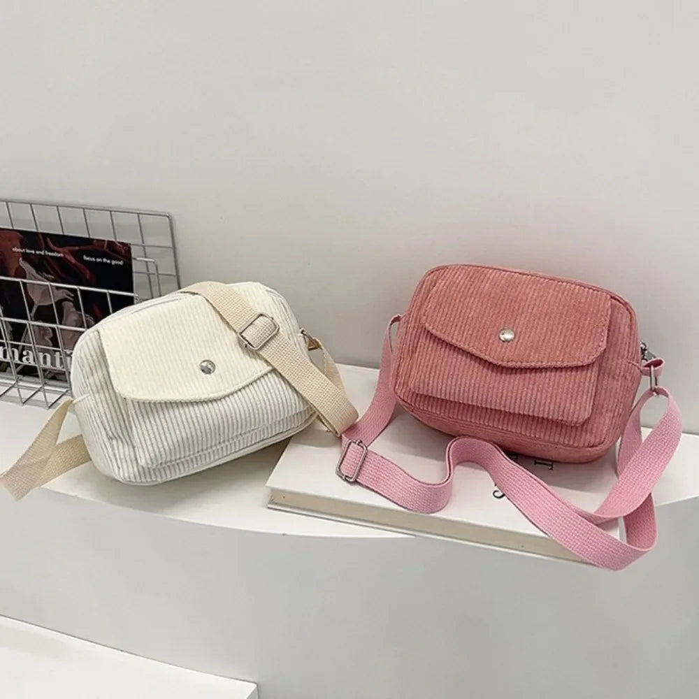 New Corduroy Striped Crossbody Bag Simple Design Adjustable Strap Shoulder Bags Solid Colour Mini Coin Pouch for Casual Wear