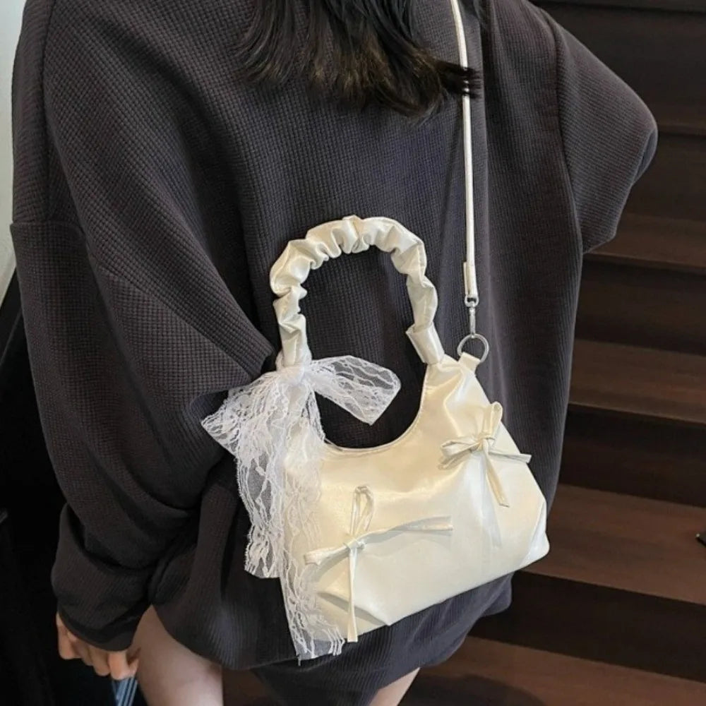 Fashion Cloud Evening Handbag Pleated Beige Bow PU Shoulder Bag Lace Ribbon Large Capacity Underarm Bag Travel