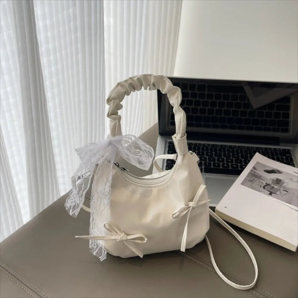 Fashion Cloud Evening Handbag Pleated Beige Bow PU Shoulder Bag Lace Ribbon Large Capacity Underarm Bag Travel