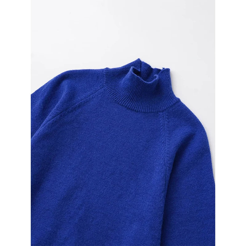 Blue Wide Sleeve Knit Pullover Women Spring 2025 Short High Neck Sweater