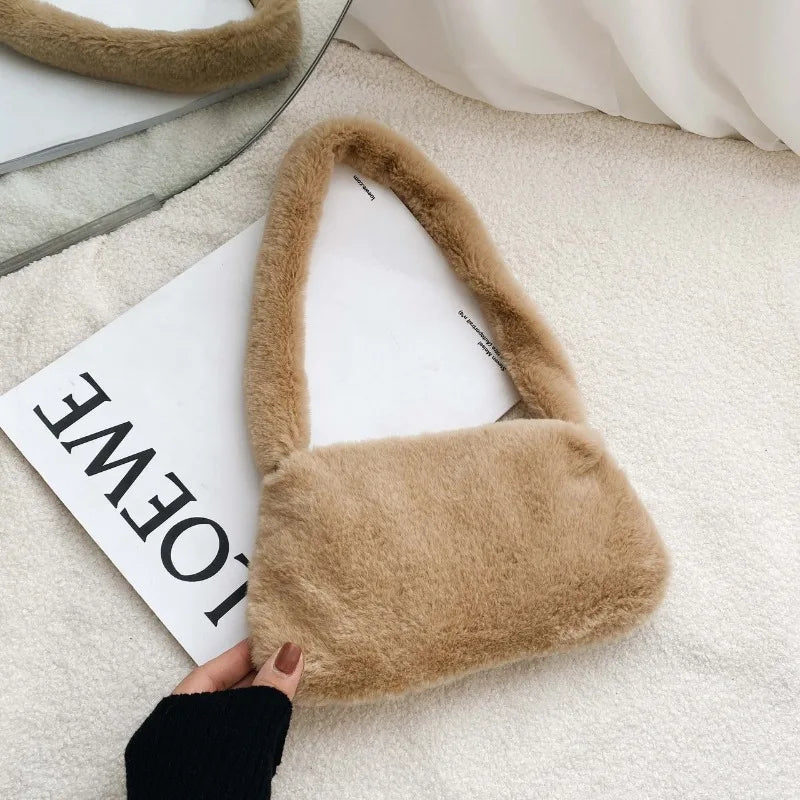 New Fluffy Totes Soft Plush Shoulder Underarm Bag Solid Color Purse Autumn Winter Handbag Women Lady Fashion Storage Pouch