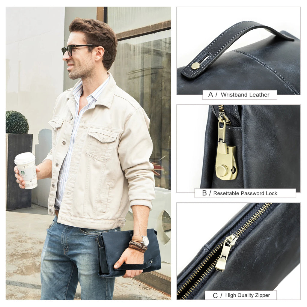 Crazy Horse Genuine Leather Password Lock Casual Clutch Bag Male Wallet Men's Purse Protective Large Capacity Blue Handbag