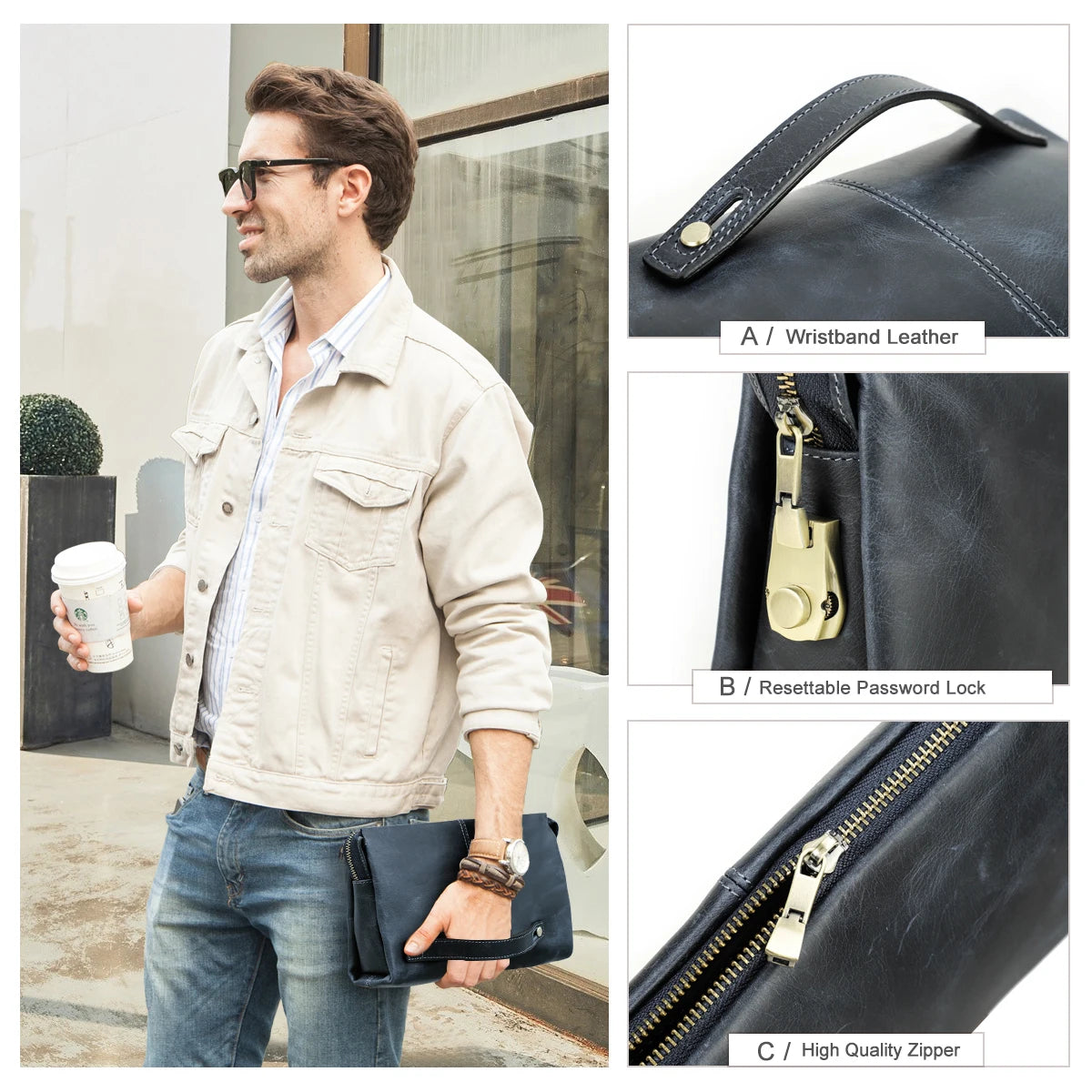 Crazy Horse Genuine Leather Password Lock Casual Clutch Bag Male Wallet Men's Purse Protective Large Capacity Blue Handbag
