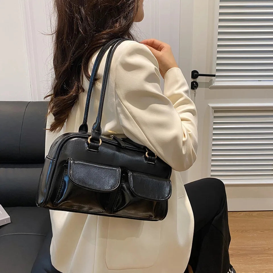 Vintage/Business Shoulder Pu Leather 2 Pocket Chic Female Underarm Bag
