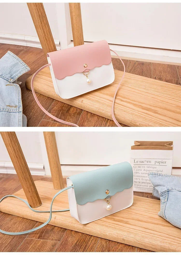 Women's PU Leather Shoulder Bag, Solid Color Messenger Purse with Pearl Pendant, Small Travel Handbag