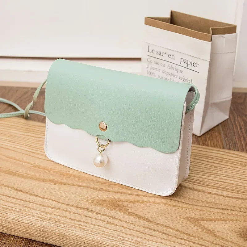 Women's PU Leather Shoulder Bag, Solid Color Messenger Purse with Pearl Pendant, Small Travel Handbag