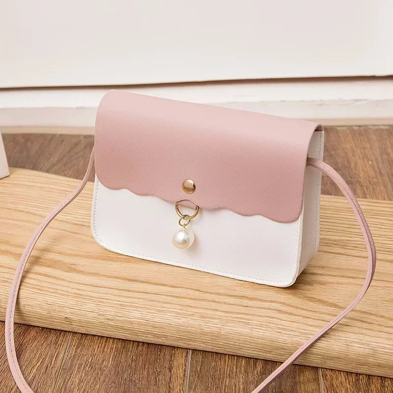 Women's PU Leather Shoulder Bag, Solid Color Messenger Purse with Pearl Pendant, Small Travel Handbag