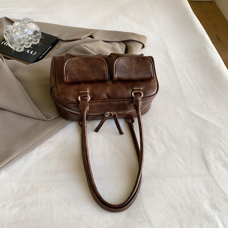 Vintage/Business Shoulder Pu Leather 2 Pocket Chic Female Underarm Bag